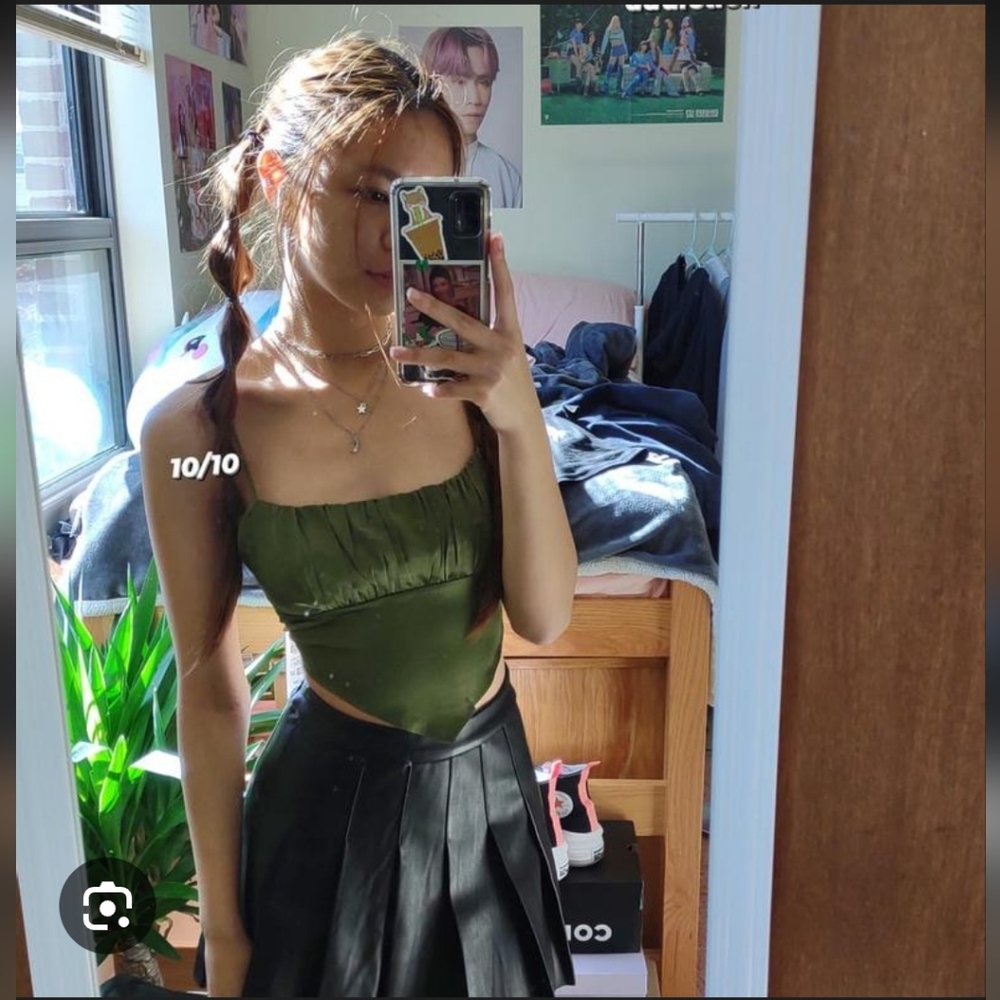 Garage Ruched Bandana Top Satin Tie Back Corset Army Green Size Small NWOT